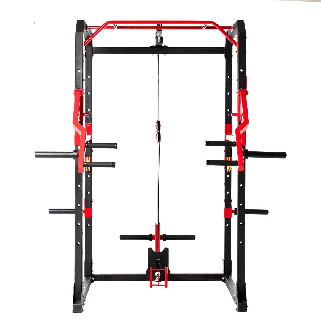 T102 Full Power Rack & Plated Loaded Hi Lat Low Row combo with Lever Arms and Dip-Station
