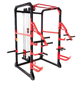 T102 Full Power Rack & Plated Loaded Hi Lat Low Row combo with Lever Arms and Dip-Station